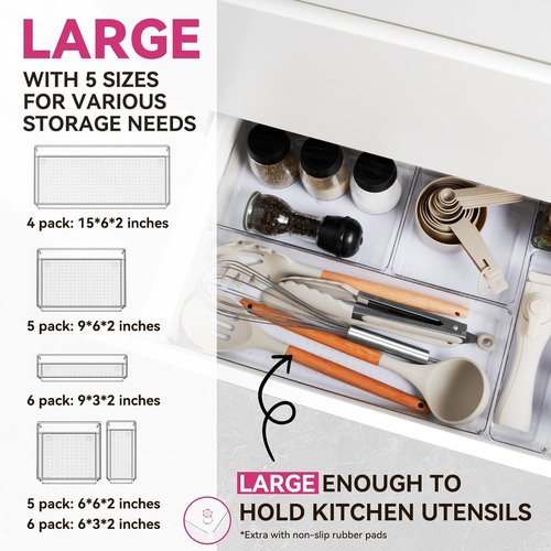 Criusia Large Drawer Organizer Bins - 26 Pack Clear Plastic Kitchen & Bathroom Organizers | Versatile Utensil & Makeup Storage