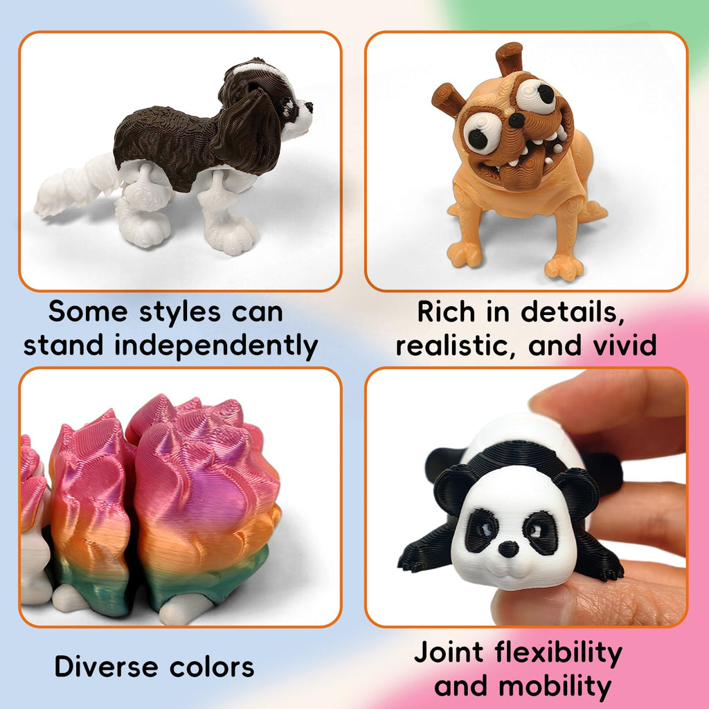 AQXYTK 12-Pack 3D Printed Animal Figurines Set, Articulated Posable Desk Companions & Fidget Toys (4"), Creature Collection Dog/Panda/Dragon/Sloth/Raccoon – Office Desk Decor, Party Favors, Gift