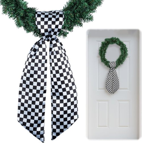 Checkered Racing Wreath Sash - Black & White Tie Bow for Race Car Holiday Decor | DIY Home Accessories