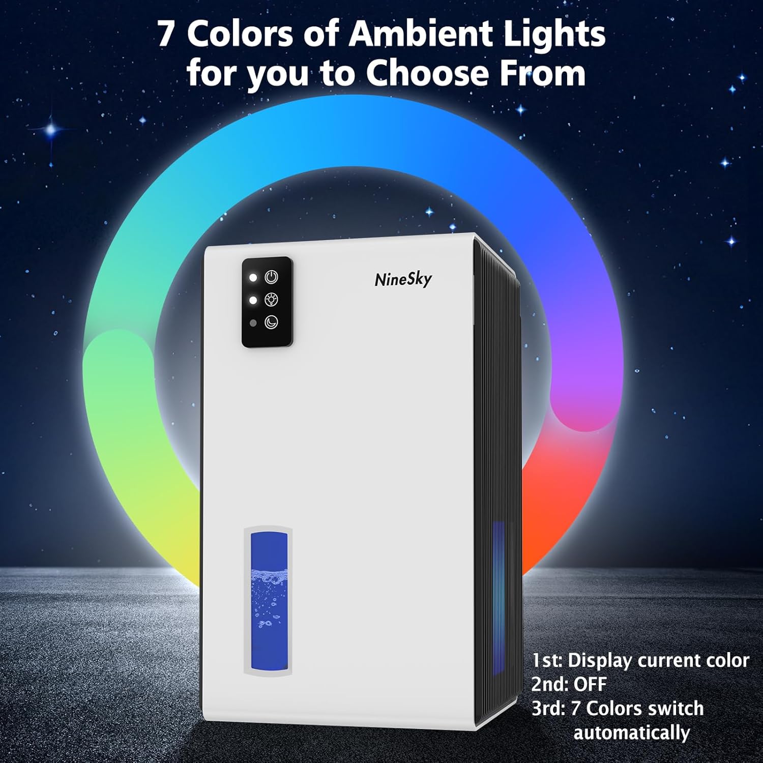 NineSky Dehumidifier - 1000 Sq.Ft. Capacity with 95Oz Water Tank | Quiet Operation & 7-Color Ambient Light (White)