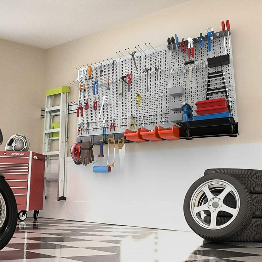 TORACK 109 PCS Pegboard Wall Organizer - 4 ft Metal Tool Storage Kit with Hooks & Bins