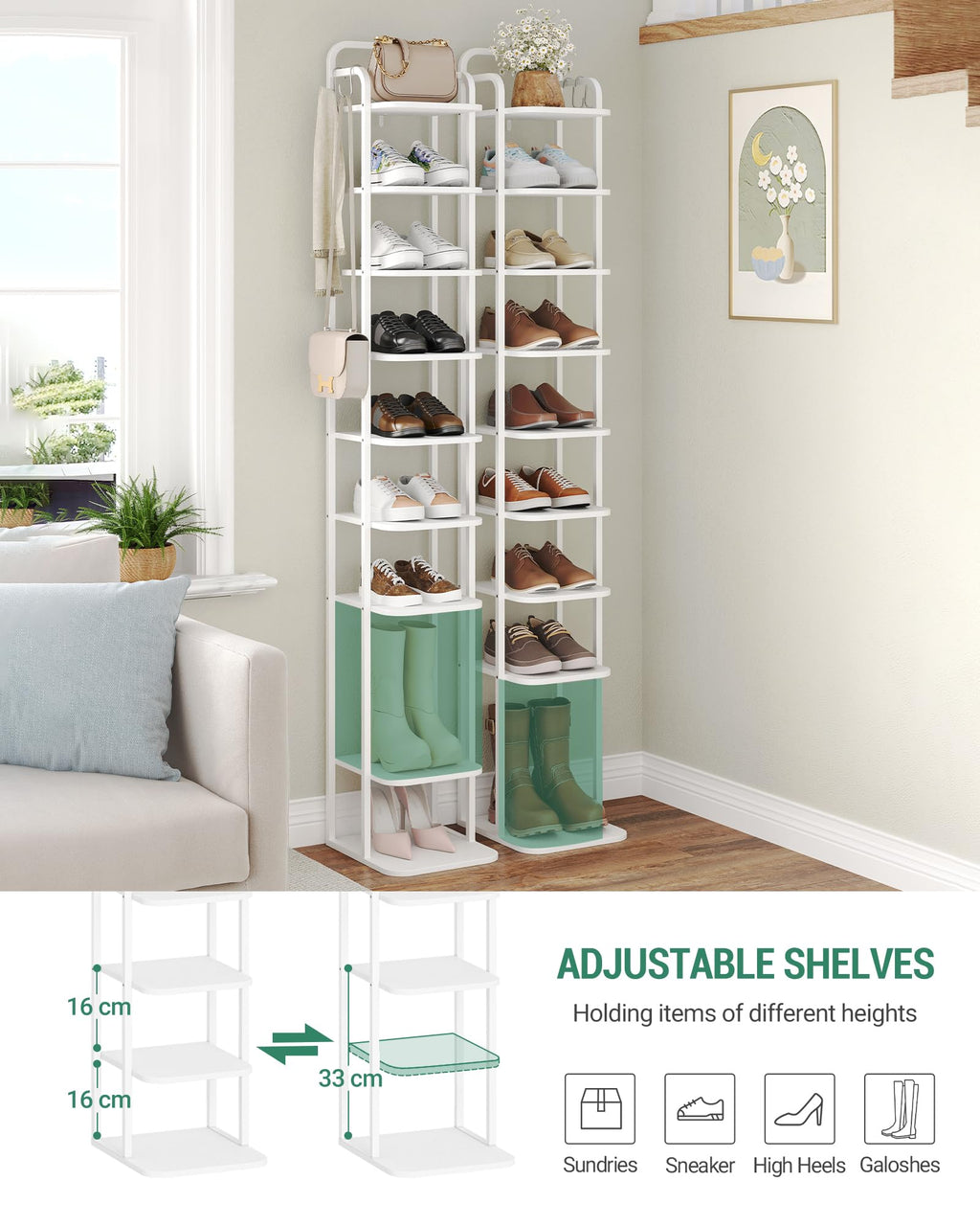 Hzuaneri 10 Tiers Vertical Shoe Rack, Narrow Shoe Tower, Tall Shoes Shelf with 2 Hooks, Adjustable Shelves, Corner Shoes Shelves for Small Spaces, Entryway, Living Room, White SR11213W