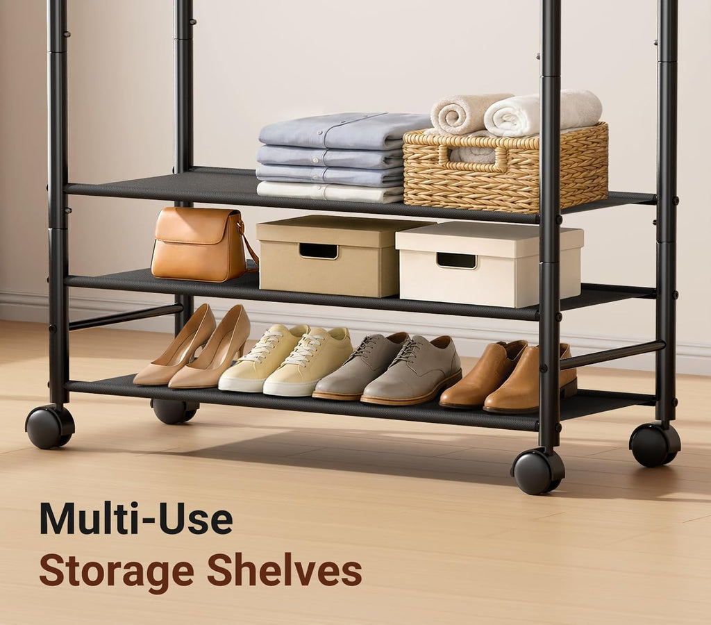 Sleeping Lamb Double Rod Clothes Rack - Sturdy Portable Garment Rack with 3-Tier Shelves | Black