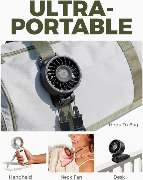 Diveblues Portable Turbo Fan - 100 Speed Handheld Fan with Strong Airflow | Foldable 4-in-1 Design for Neck, Desk & Travel, USB-C Rechargeable, Lightweight for Summer & Outdoor Use
