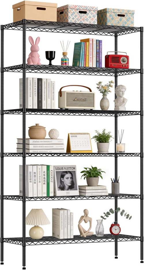 BestOffice 6-Tier Wire Storage Shelves - Heavy-Duty Metal with Wheels | Adjustable | 18x45x82 | Black | Holds Up to 2100 lbs | No-Tool Assembly for Home & Garage