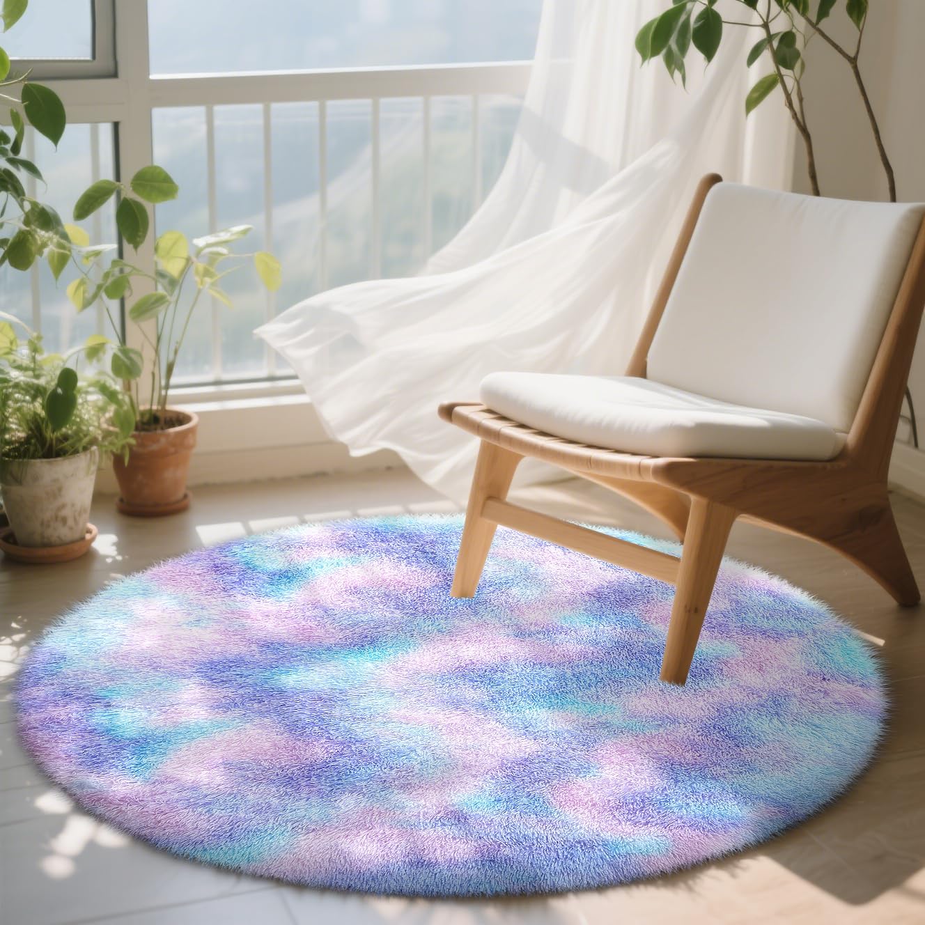 OLANLY Round Purple Rainbow Rug - Soft, Fluffy, Machine Washable 4x4 Feet Area Rug for Bedroom & Nursery Decor