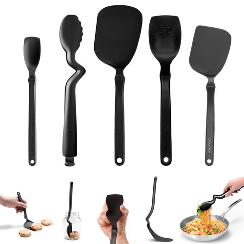 Dreamfarm Everyday Kitchen Essentials (Black) - Clongs Lite Click‑Lock Tongs, Supoon & Mini Supoon Scraper Spoons, Chopula & Mini Chopula Spatulas – Heat‑Resistant Nylon/Silicone for Cooking & Baking