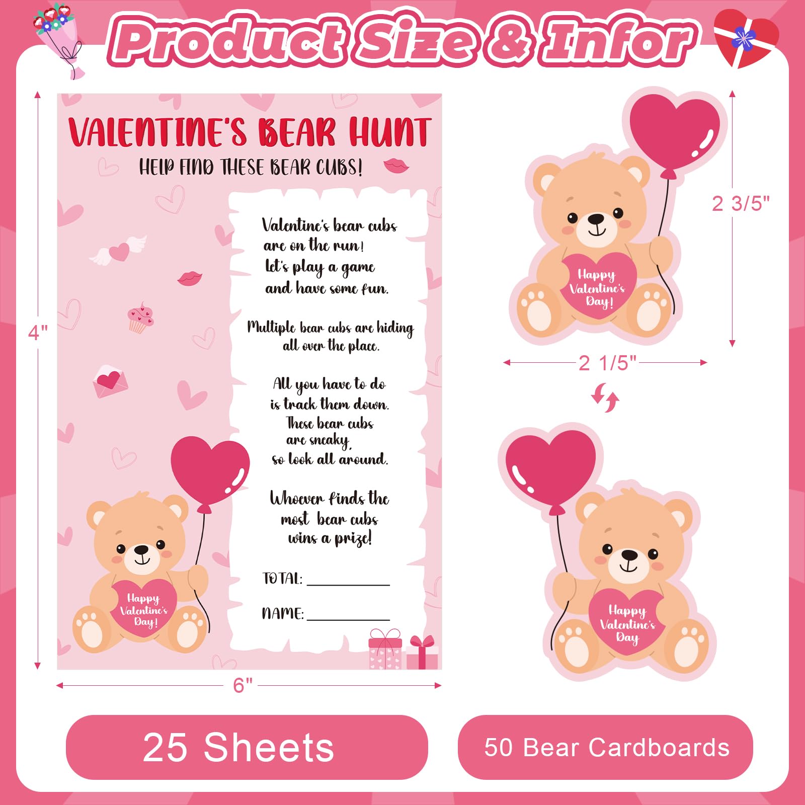 COCHIE Valentine's Day Games for Classroom Party Family Adults Office Large Groups, Valentines Bear Bub Hunt Game School Activities with 50 Paper Bears - 25 Players (Bear Hunt)