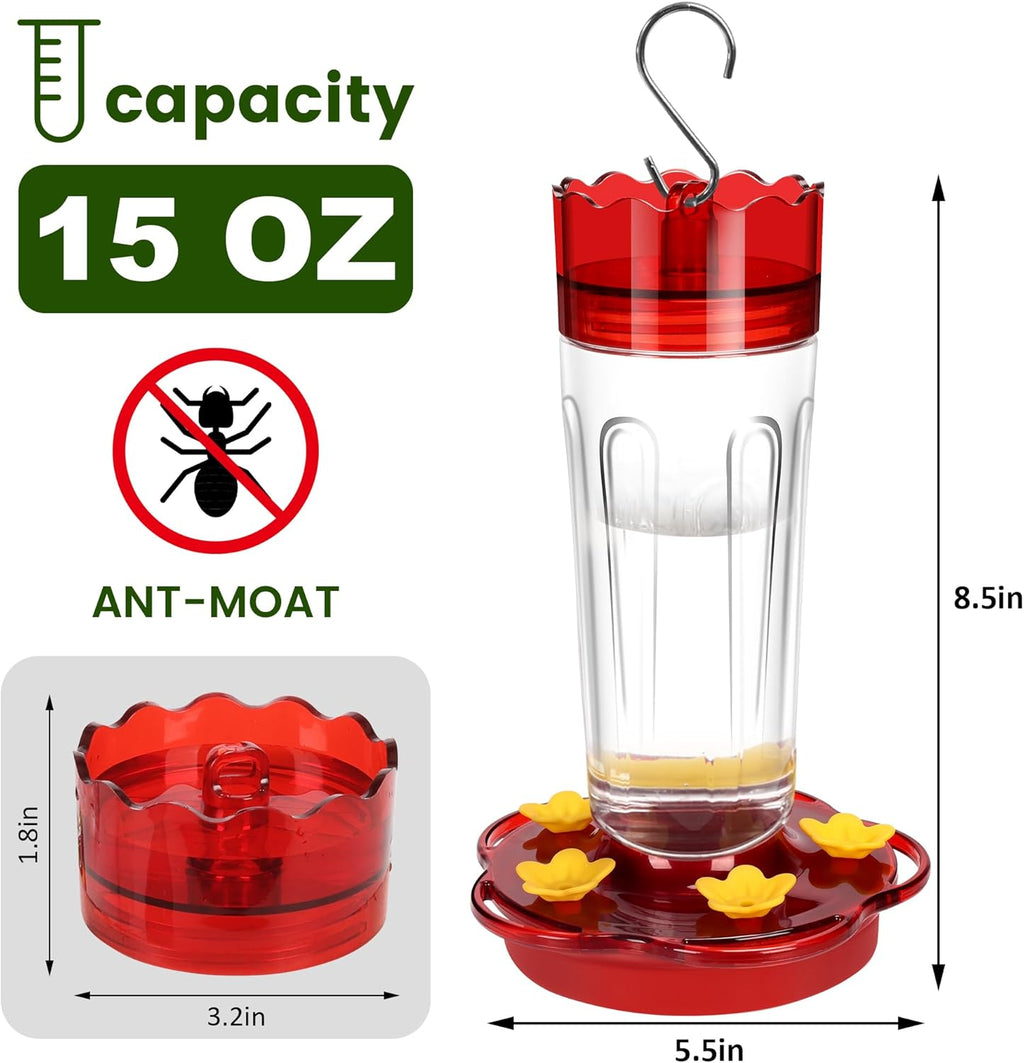 Skiennix Hummingbird Feeder - 15 Ounce Red Outdoor Feeder with 5 Feeding Ports & Ant Moat | Garden Décor