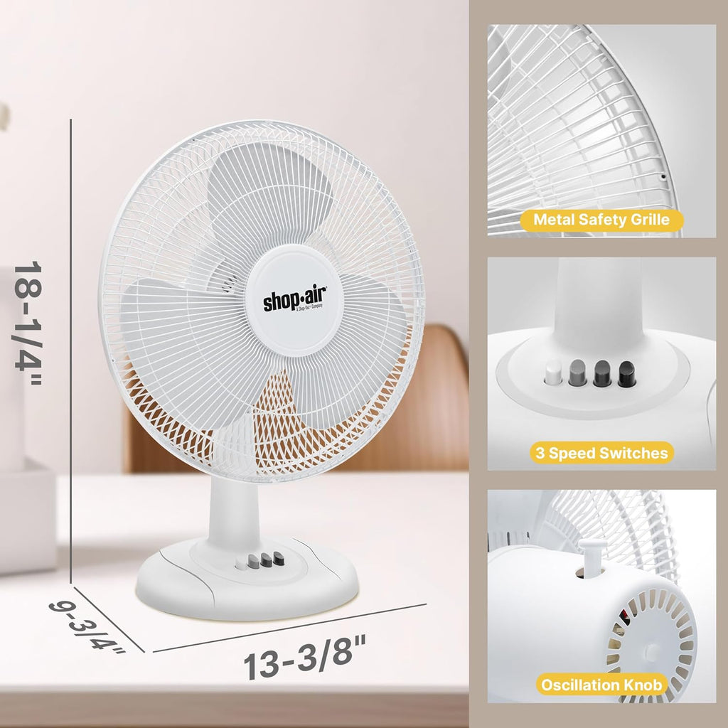 Shop-Air 12" Oscillating Table Fan - High-Velocity, Quiet Air Circulation | 3 Speeds, 70° Adjustable Head, White