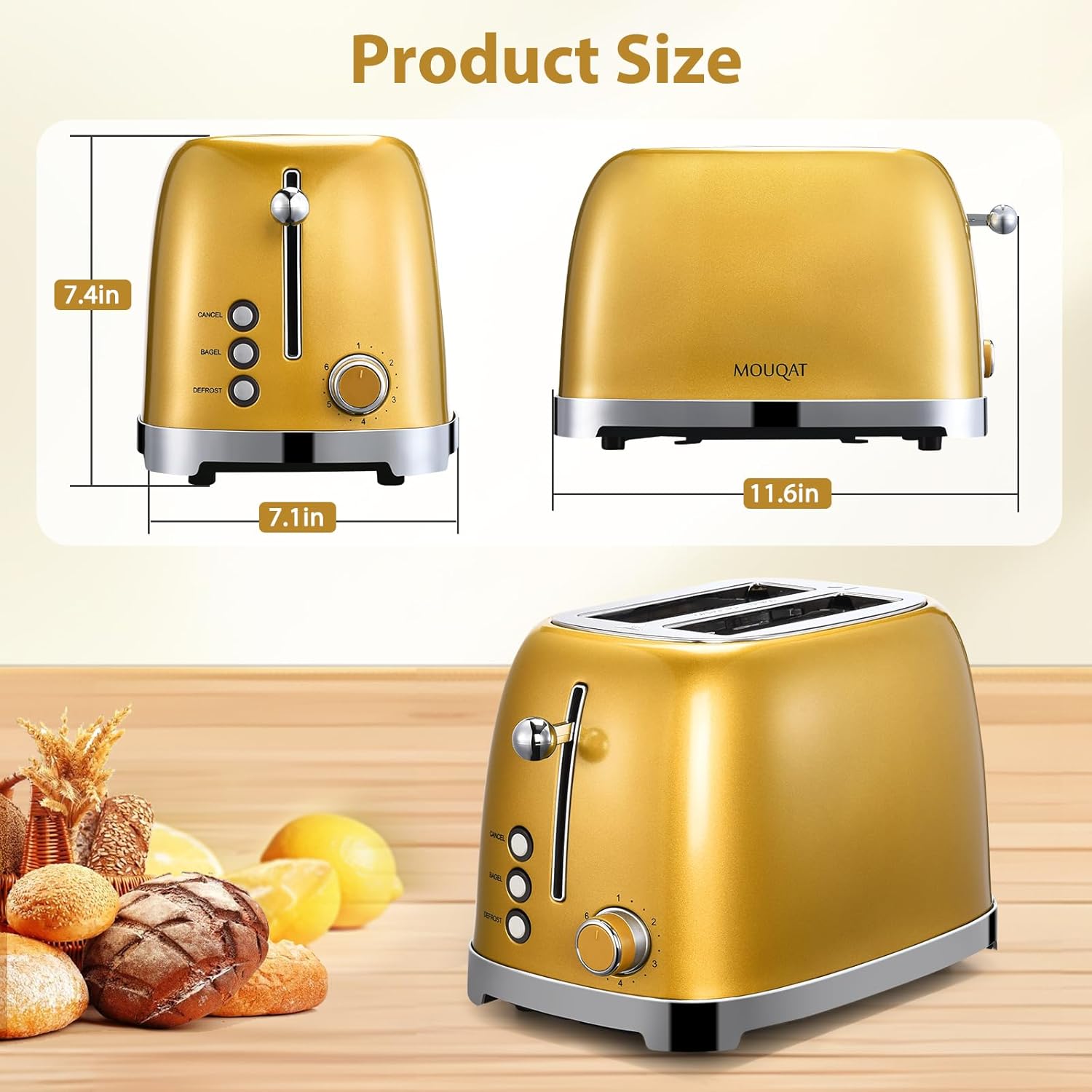 Skiennix Gold 2-Slice Toaster - Wide Slot Stainless Steel with 6 Shade Settings & Removable Crumb Tray