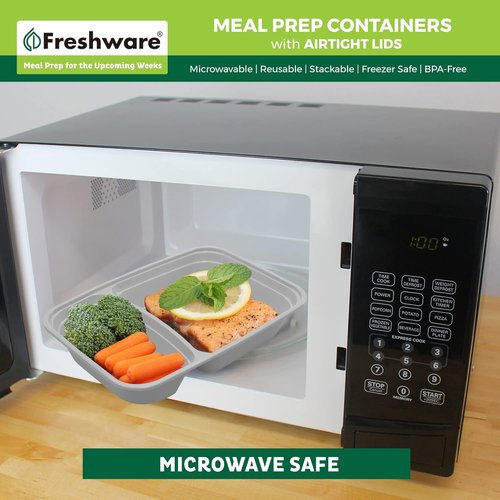 Freshware Meal Prep Containers - 25 Pack 2-Compartment Bento Boxes | BPA-Free, Stackable, Microwave & Freezer Safe (28 oz) - Grey