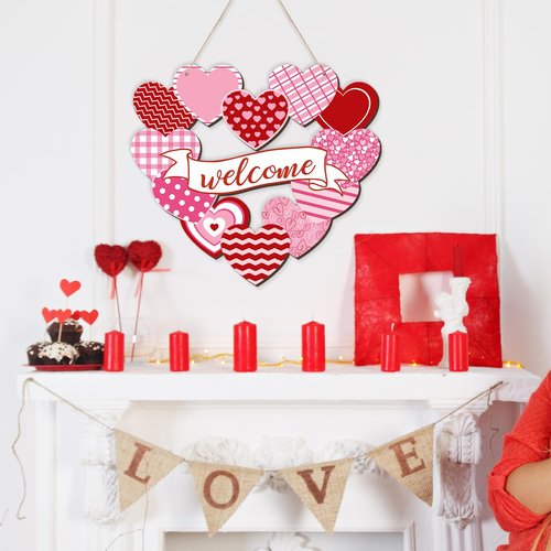Arosche Valentines Day Decorations St Patricks Day Decorations Reversible Wooden Hanging Door Sign Double Sided Wreath Love Heart Shamrocks Welcome Door Sign for Tree, Door, Wall, Party Supplies
