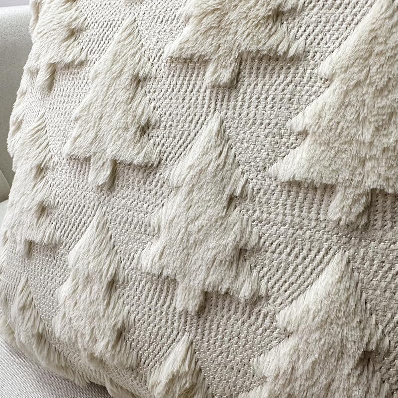 Booque Valley 2 Pack Beige Christmas Tree Pillow Covers 20x20 inches - Fuzzy Wool Embroidered 3D Pine Tree