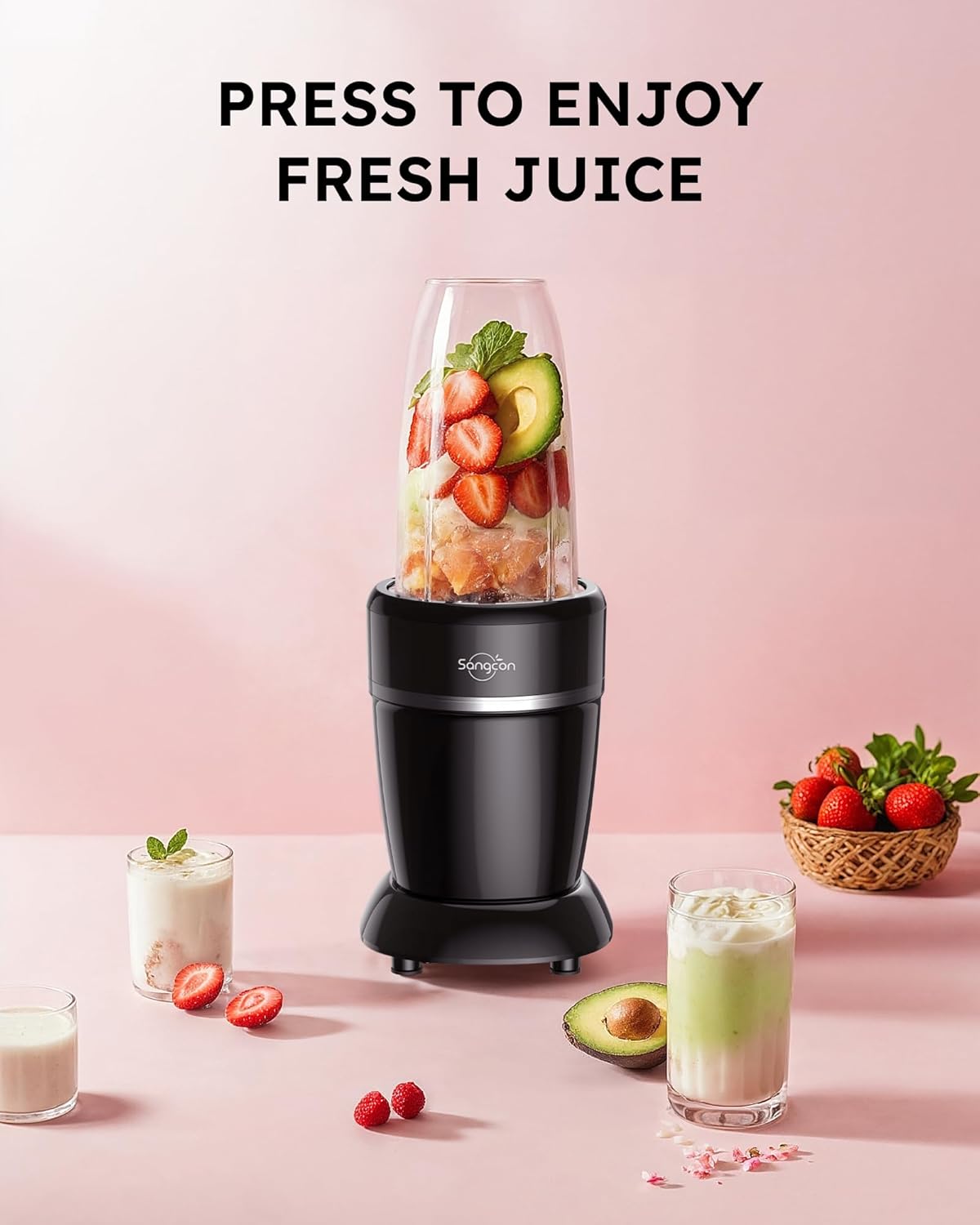 Sangcon 1000W Smoothie Blender - Portable Kitchen Blender with 3 Cups & Multiple Caps for Shakes & Ice Crushing