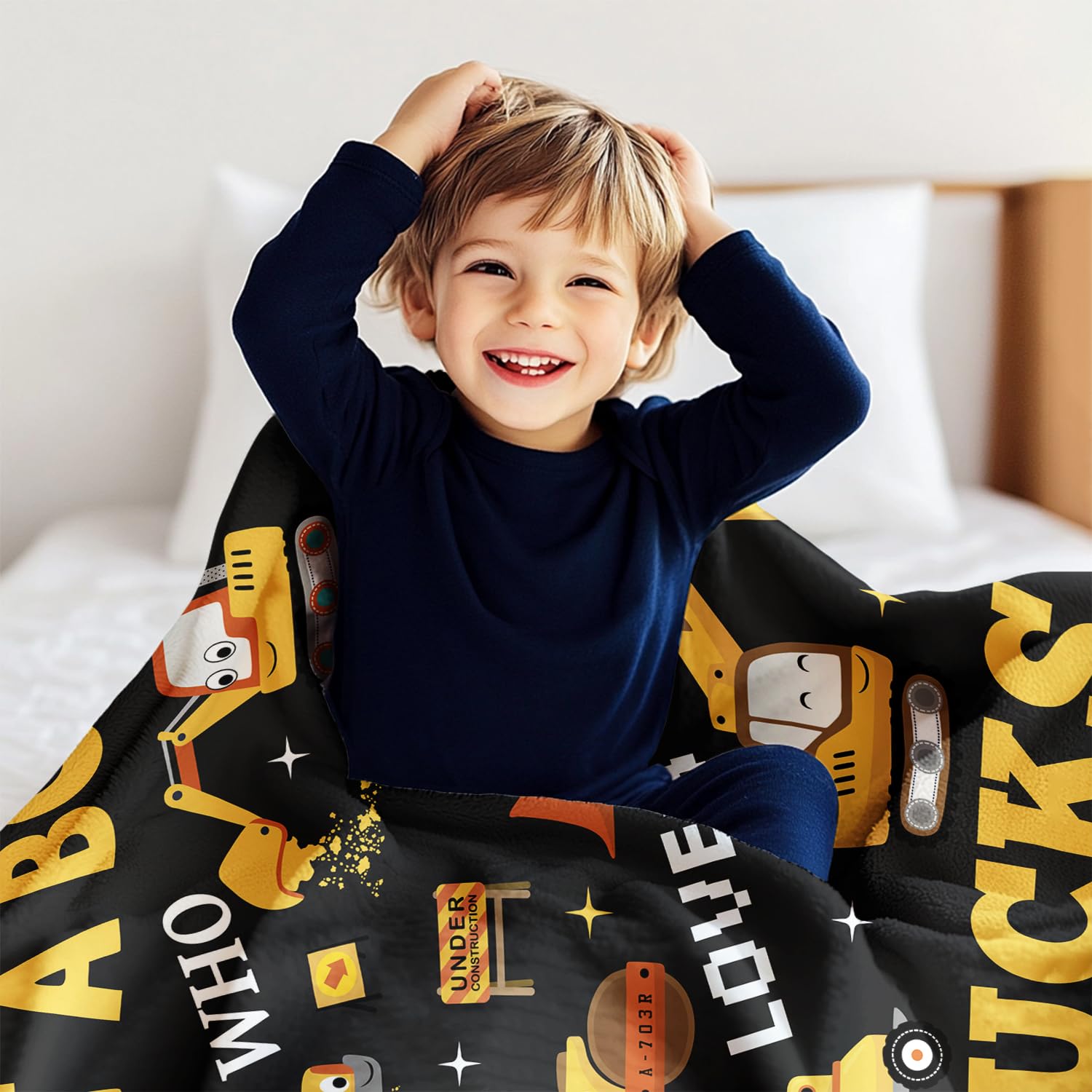 XSMEI Tractor Excavator Blanket, Just A Boy Who Loves Construction Trucks Blanket, Soft Warm Cozy Fleece Throw, Gifts for Boys Teens Kids, 40"x50", Black