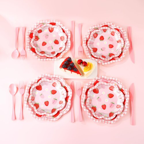 Gudvilla Strawberry Baby Shower Decorations for Girl, Berry Sweet Baby Shower Plates and Cups and Napkins Sets Serves 24, Strawberry Plates, A Berry Sweet Baby Is On The Way Decorations, Girl