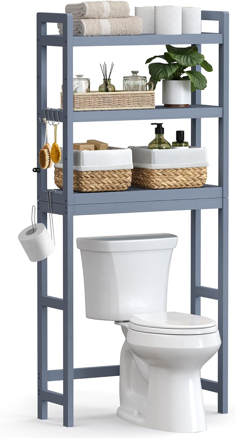 SONGMICS Over The Toilet Bathroom Organizer - 3-Tier Adjustable Shelf, Space-Saving Design, Gray, 10.2 x 24.8 x 66.9 Inches