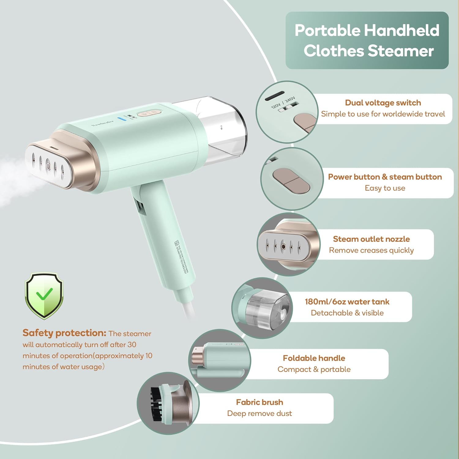 Newbealer Travel Steamer for Clothes - Dual Voltage 1200W, Quick 20s Heat-Up, Foldable Design, 180ml Capacity (Green)