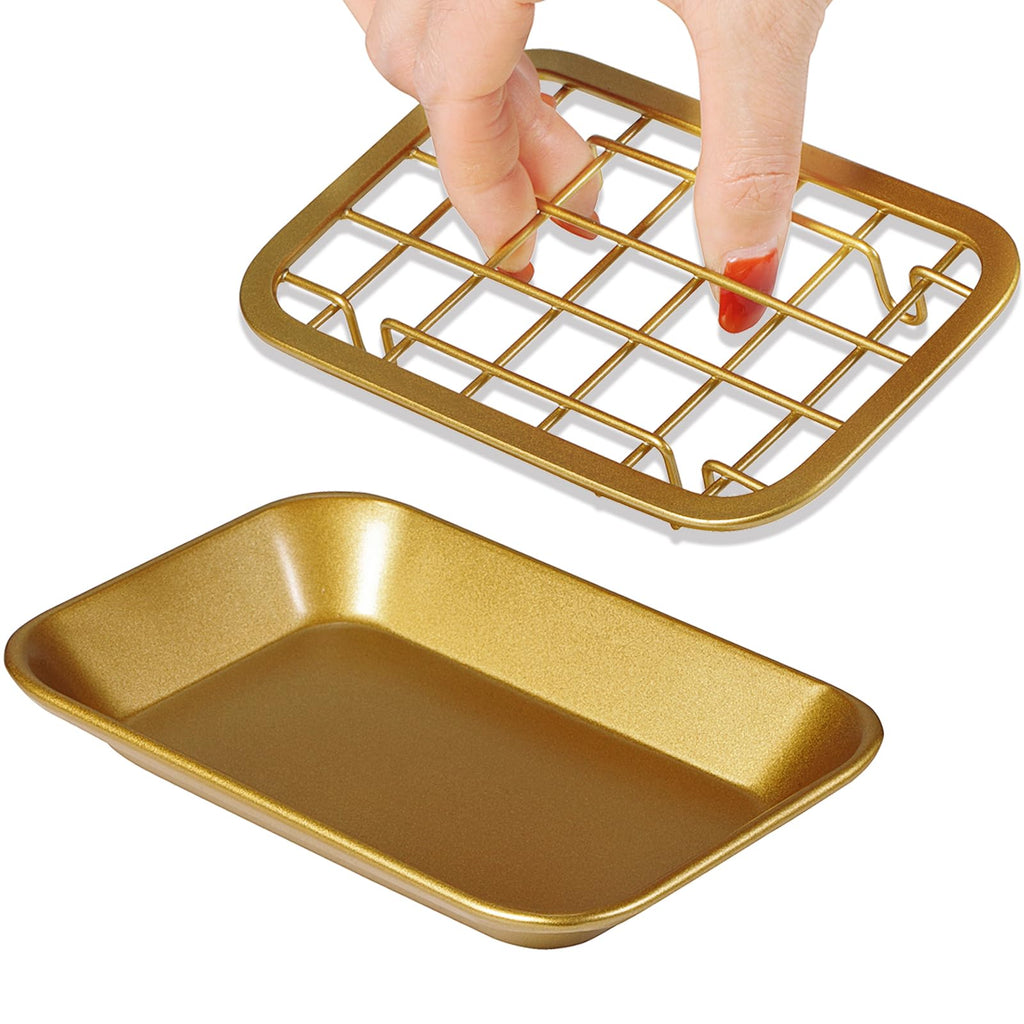 SheeChung Kitchen and Bathroom Soap Dish Tray - Metal Soap Dish Tray with Drainage Grid and Holder for Kitchen Sink Countertops to Store Soap, Sponges, Scrubbers - Rust Resistant (Gold)