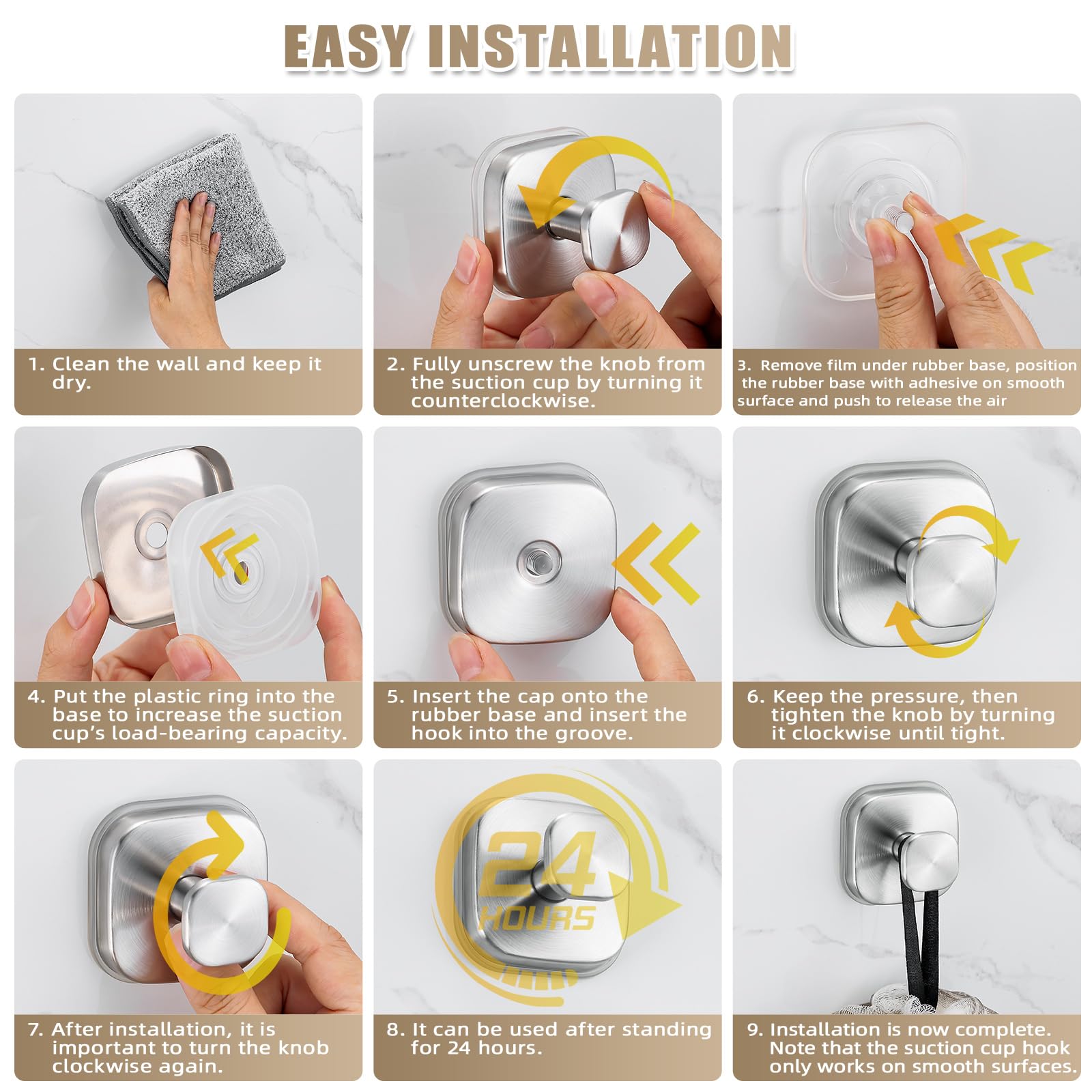 Fenas No-Drill Reusable Suction Cup Hooks, 2-Pack Brushed Nickel – Towel, Robe, Loofah, Coat Hook for Glass, Mirror, Tile, Shower, Bathroom, Kitchen & Metal (Smooth, Non-Porous Surfaces)