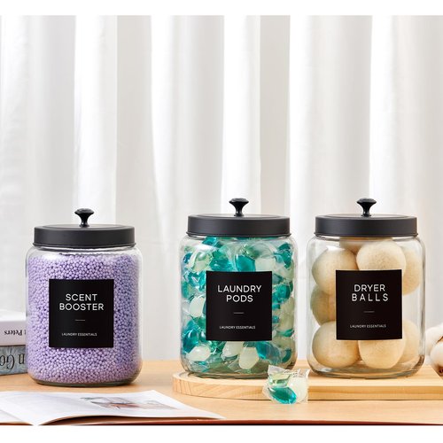 Glass Jars Laundry Containers with Lid, 0.5 Gallon Laundry Organization and Storage Jars, Laundry Detergent Container Laundry Powder Pods Holder, Glass Jar Wide Mouth with Scoops, Labels, 4 Pack
