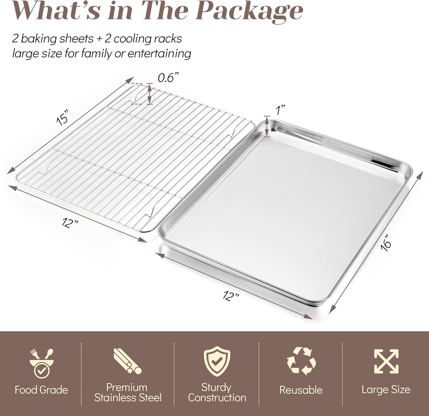 TeamFar Baking Sheet Set - Stainless Steel Cookie Pans with Racks | Non-Toxic, Easy Clean, Dishwasher Safe - 4 Pack