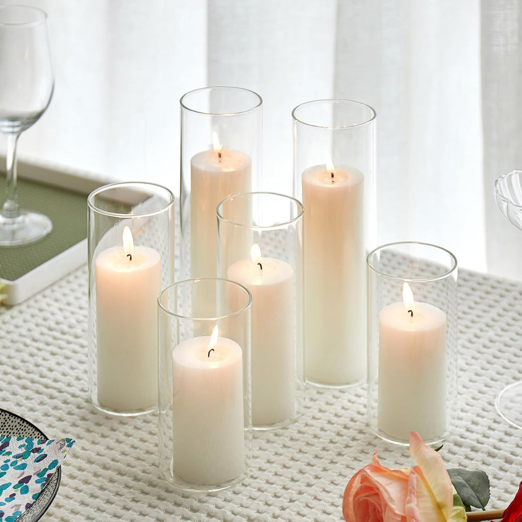 Set of 6 White Pillar Candles by [Brand Name] - Elegant Glass Hurricane Holders for Weddings & Home Decor