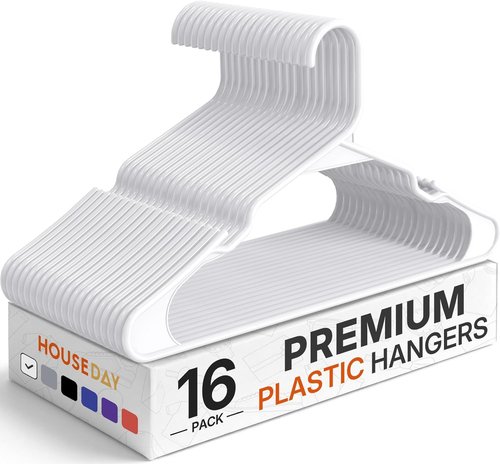 HOUSE DAY Plastic Hangers - 16 Pack Non-Slip Durable Adult Clothes Hangers in White | Space-Saving Design with Shoulder Grooves