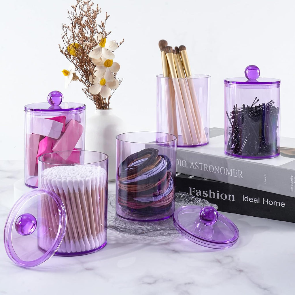 XIPENGKEJI Qtip Holder Set - 4 Pack Apothecary Jars with Lids for Bathroom Organization | 10oz-12oz Purple Canisters