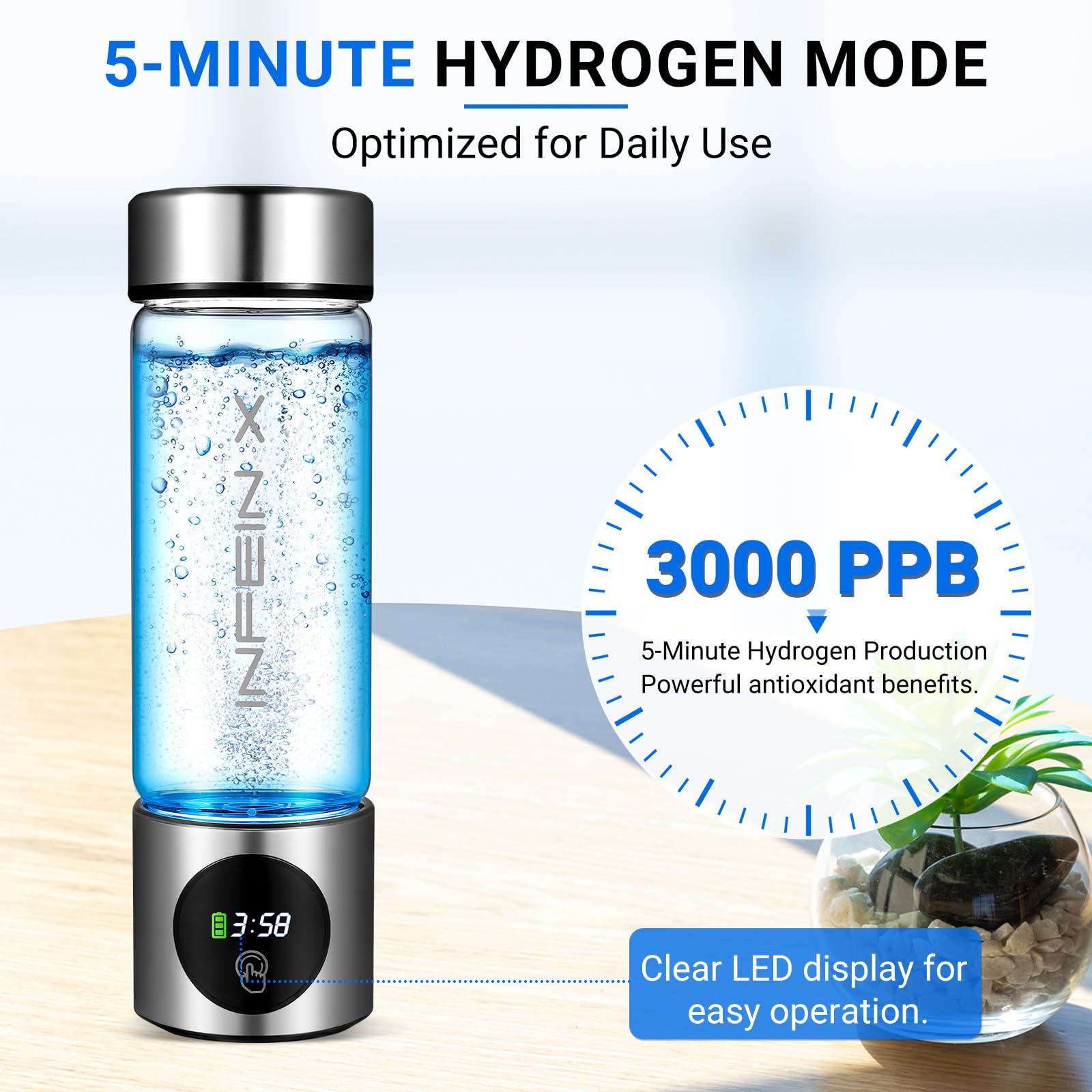 Hydrogen Water Bottle, 3000PPB Portable Hydrogen Water Ionizer Machine, Rechargeable Hydrogen Water Bottle Generator with SPE & PEM Tech, Hydrogen Water Cup for Gym Office Home Travel