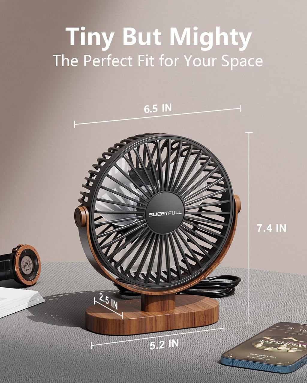 Sweetfull 6.5 Inch USB Desk Fan - Quiet Portable Mini Fan with 3 Speeds & 360° Adjustment | Black Wood Grain