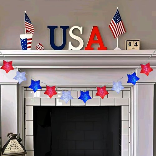 4th of July Decorations Red White and Blue Star Lights 6.8Ft 10 LED 3D Star Patriotic Lights with Timer, Fourth of July String Light for Indoor Outdoor Memorial Day Independence Day Party Home Decor