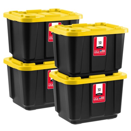 IRIS USA 4-Pack 12 Gallon Storage Bins with Lids |Made in USA| Heavy Duty Plastic Tote Containers for Truckbed Tool Box Organization, Large - Black/Yellow