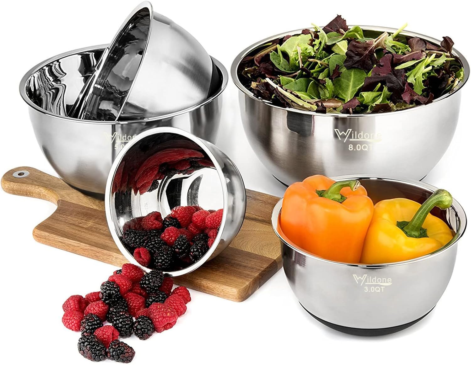 Wildone Stainless Steel Mixing Bowls Set of 5 - Airtight Lids & Non-Slip Silicone Bottoms | Stackable Design, 1.5 to 8 QT