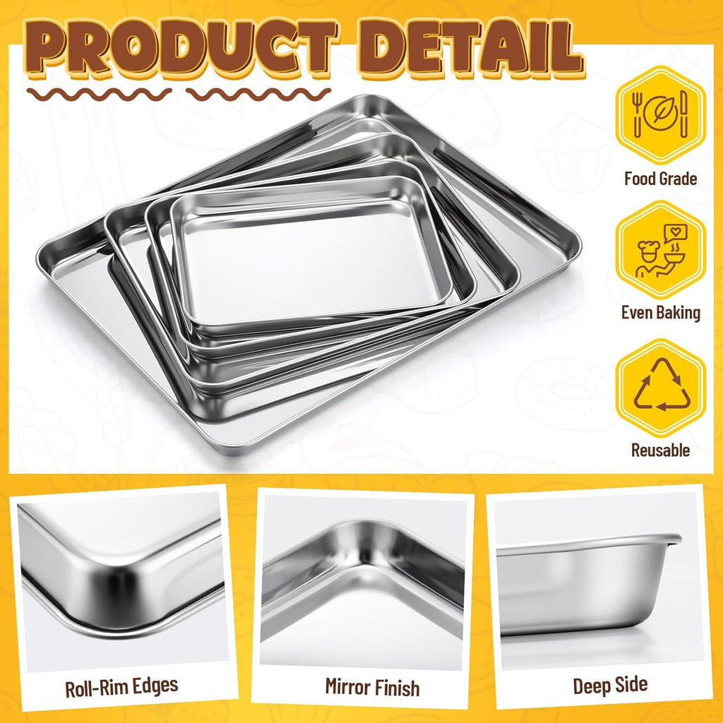 Skiennix Stainless Steel Baking Pans Set - 4 Pack Commercial Grade Cookie Sheets | Non-Stick, Heavy Duty, 9/10/12/16 Inch