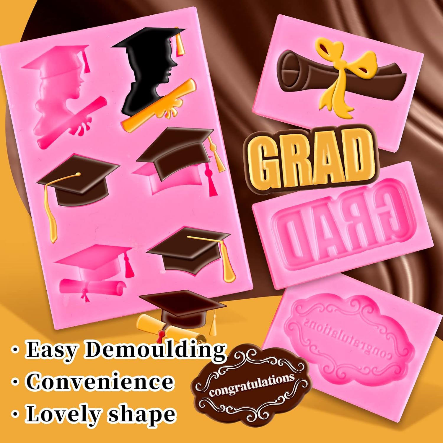 Whaline Graduation Mini Fondant Molds - 4 Pack Silicone Caps & Diplomas for Cake Decorations