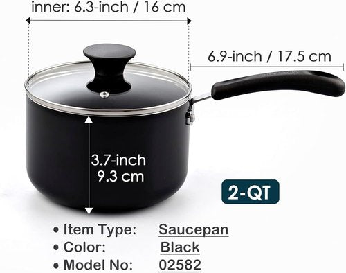 Cook N Home Nonstick Sauce Pan - 2-Qt Multi-Purpose Pot with Glass Lid | Durable Aluminum, Black