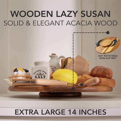 Acacia Wood Lazy Susan Wood Turntable Tray Cabinet Organizer, 18"
