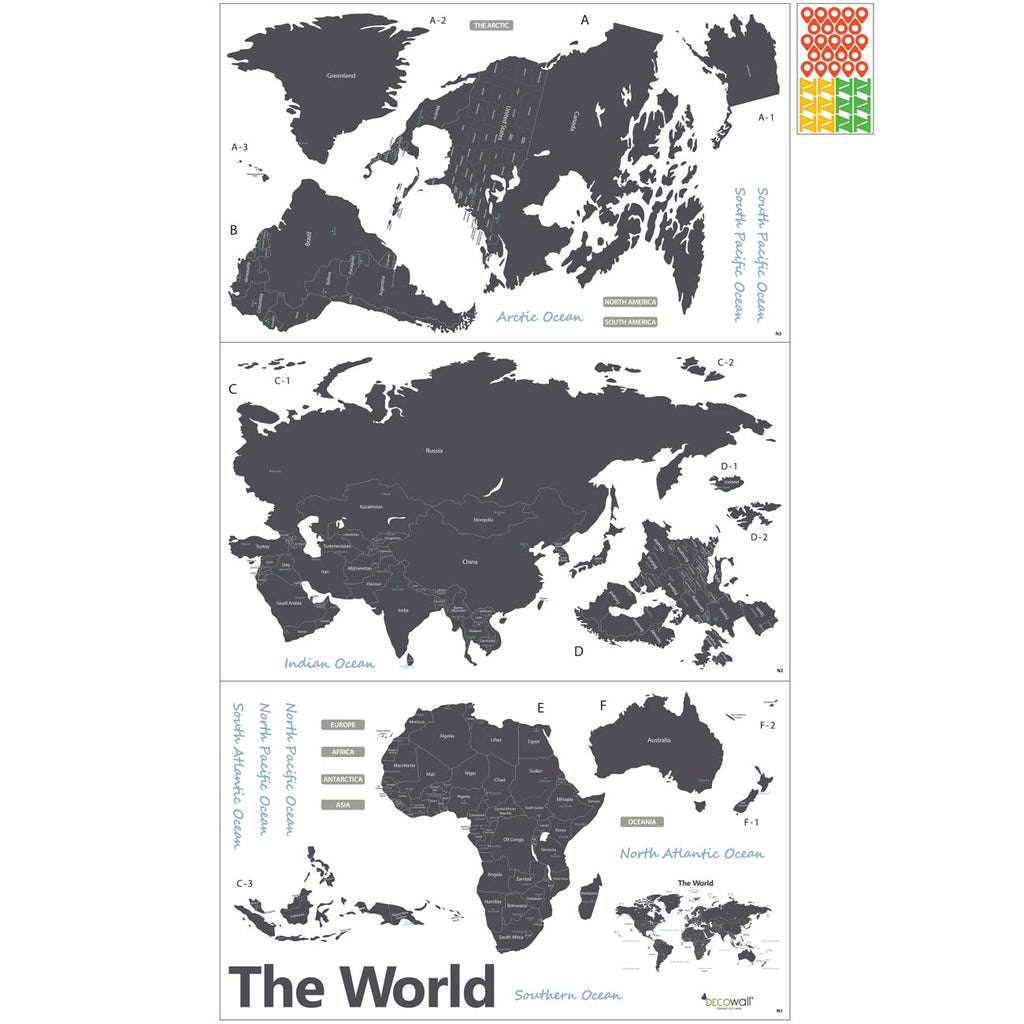 DECOWALL DLT-1609G Modern Grey World Map Kids Wall Decals Wall Stickers Peel and Stick Removable Wall Stickers for Kids Nursery Bedroom Living Room (XLarge)