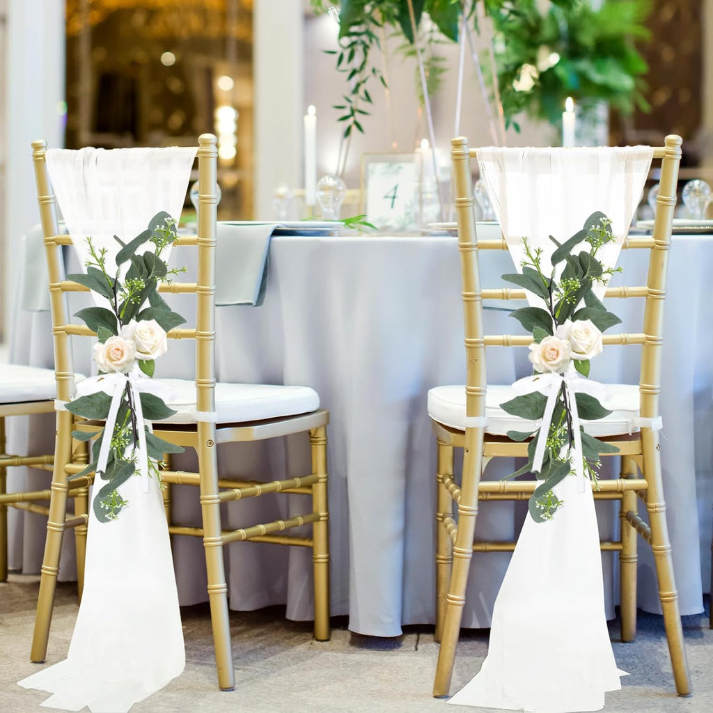 VitalCozy Wedding Aisle Chair Decorations - 24 Set Chiffon Sashes with Ribbon Bows & Eucalyptus Florals