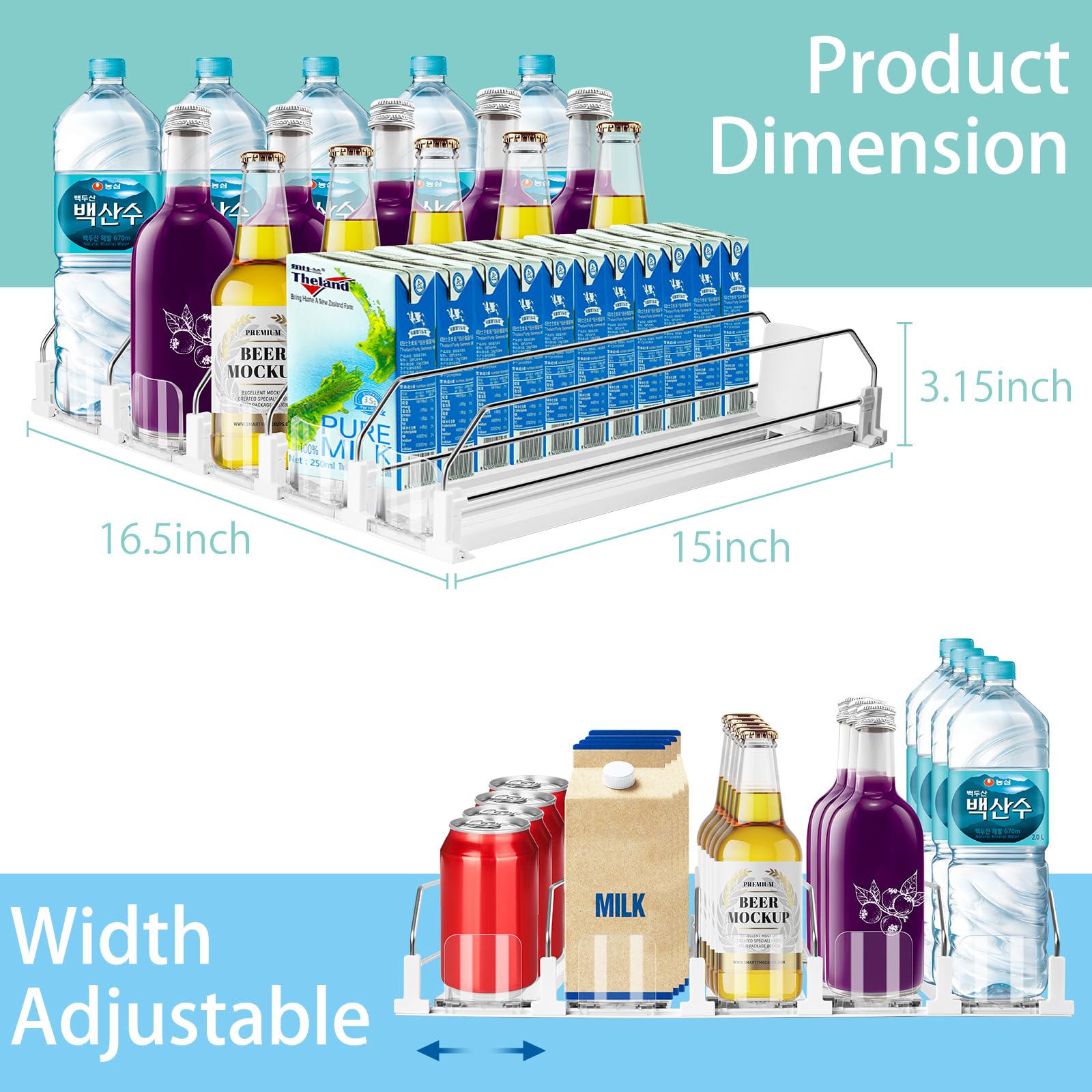 Drink Organizer for Fridge, 5 Row Automatic Pusher Glide, Adjustable Width Soda Can Dispenser for Refrigerator-Holds up to 25 Cans