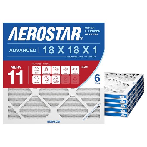 Aerostar 18x18x1 MERV 11 Air Filters - 6 Pack - Pleated HVAC Filters for Dust, Germs & Allergens