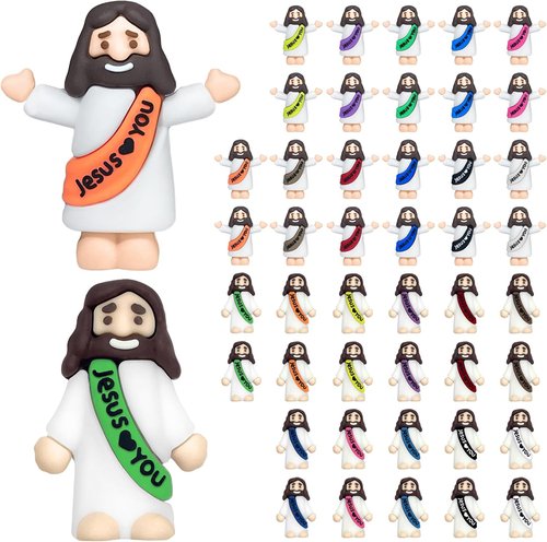 Keway Mini Jesus Figures - 44 PCS Rubber Pocket Figurines for Easter, Baptism & Sunday School | 11 Colors, 2 Styles