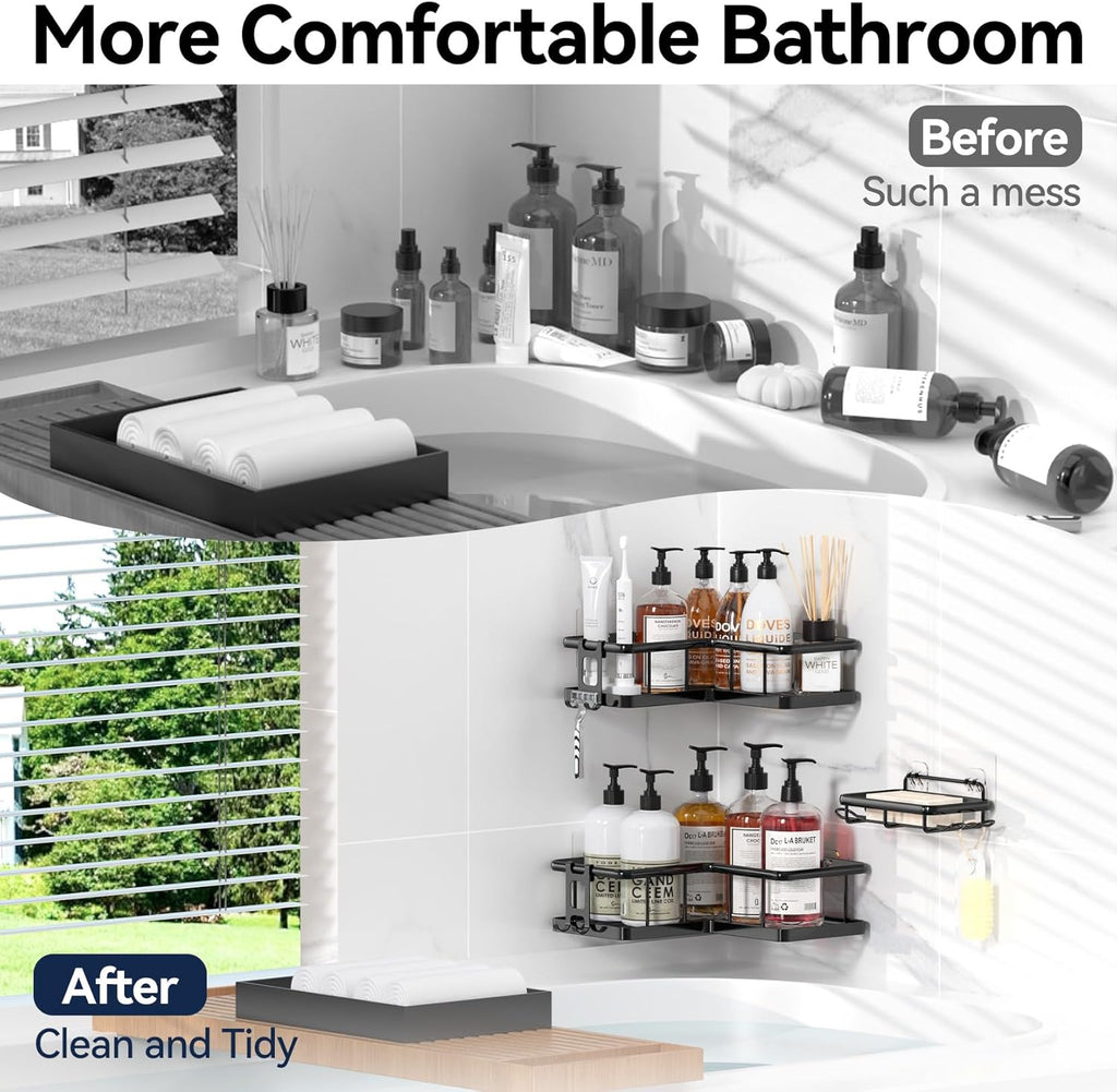 YASONIC Shower Caddy Corner - 3-Pack Rustproof Stainless Steel Shelves with Soap Holder | Black