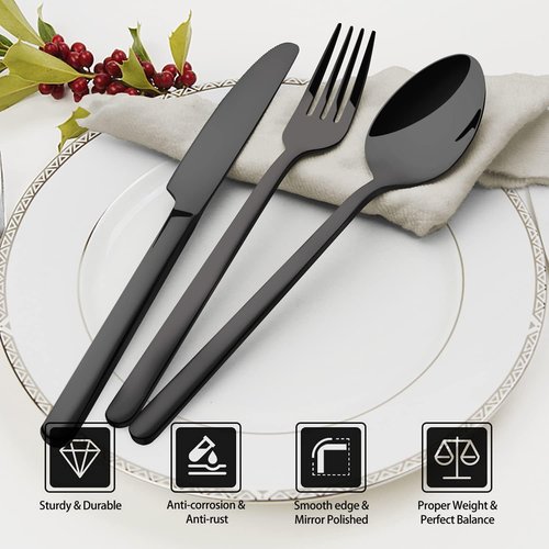 KINGSTONE 20-Piece Black Silverware Set - Premium 18/10 Stainless Steel Flatware for Home & Restaurant