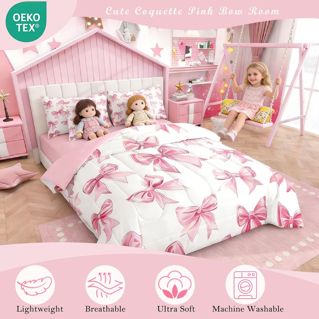 Erosebridal Kawaii Bowknot Girls Bed in A Bag with Sheets Dreamy Princess Style Full Comforter Set 7 Piece for Kids Teen Women,Girly Cute Bow Bedding Set Pink Bow Tie Bed Set Bedroom Decor