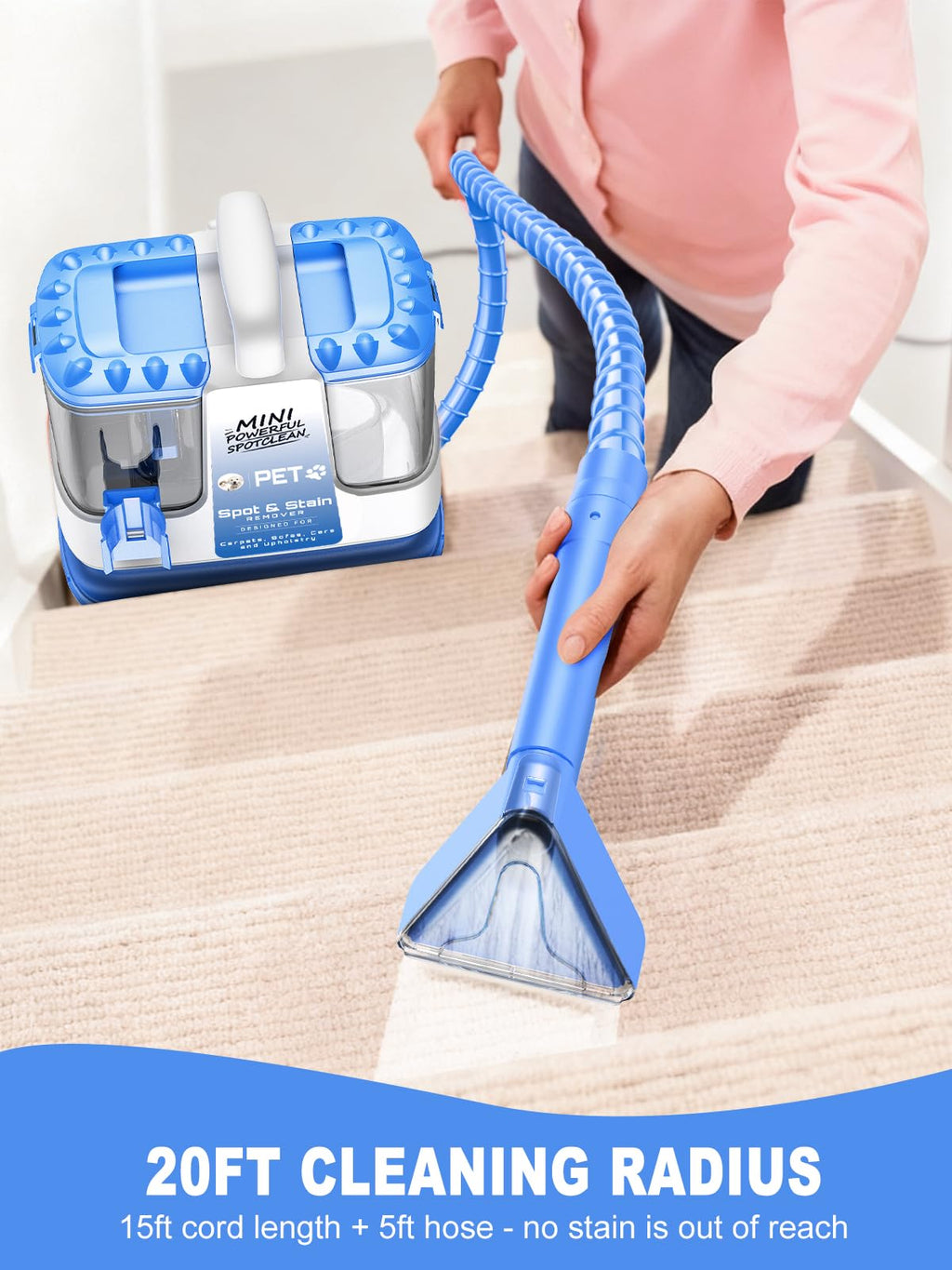 Portable Carpet & Upholestery Cleaner Machine for Pets, Spot, Stain, Couch Cleaner Machine with Powerful Suction and and Cleaning Solution, Car/Auto Detailer, Lightweight Compact Design