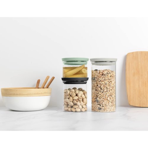 Brabantia 3pc Stackable Glass Food Jars (Mixed Colors) 0.08 + 0.16 + 0.3 Gal Heat-Safe, Dishwasher-Safe, Air-Tight Pantry Organizers