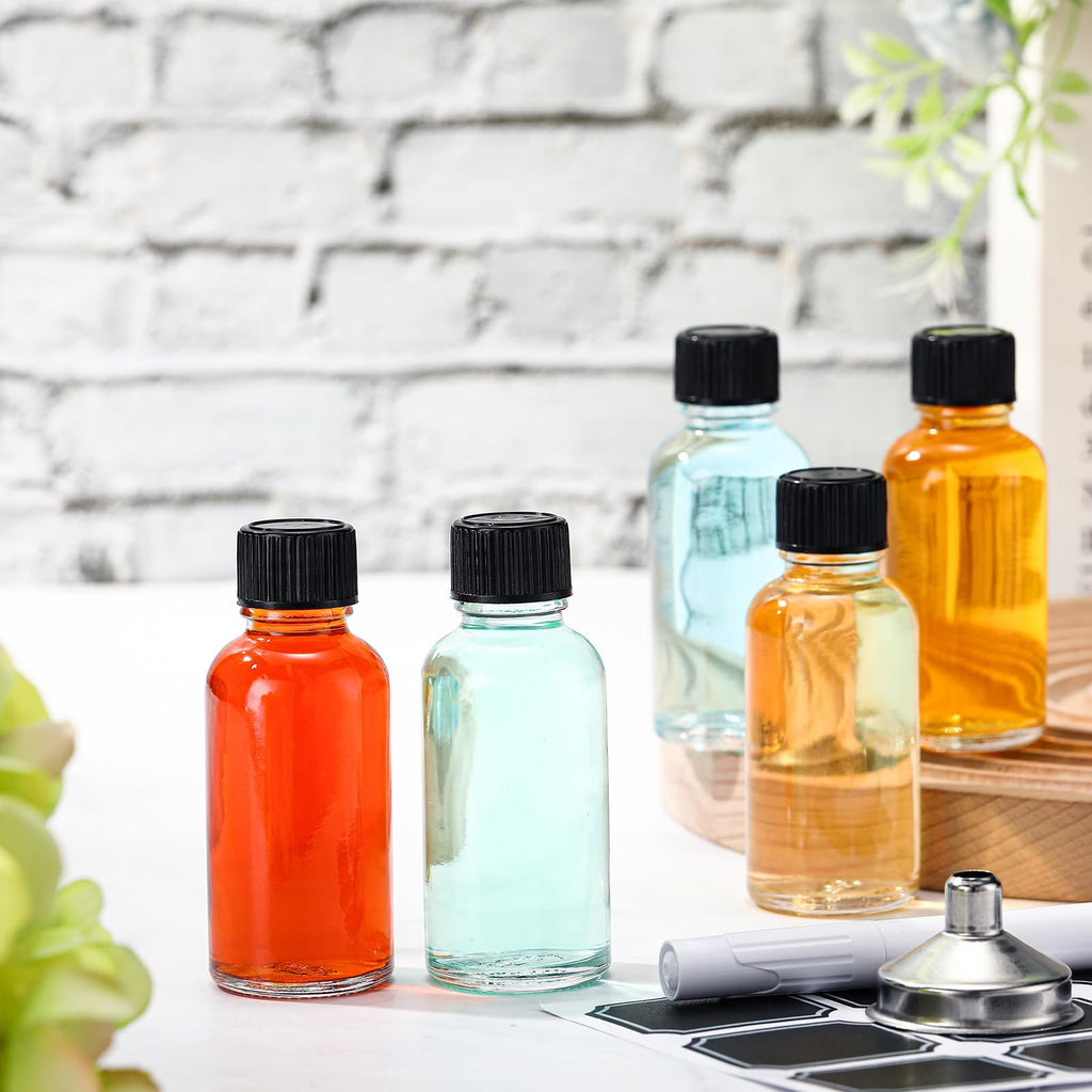 Hsei 1 oz Glass Bottle with Black Cap Clear Sample Boston Round Bottle Small Glass Containers with Lids and Funnel Chalk Labels Pen for Vanilla Extract Essential Oils(100 Pcs, 9 Sheet)